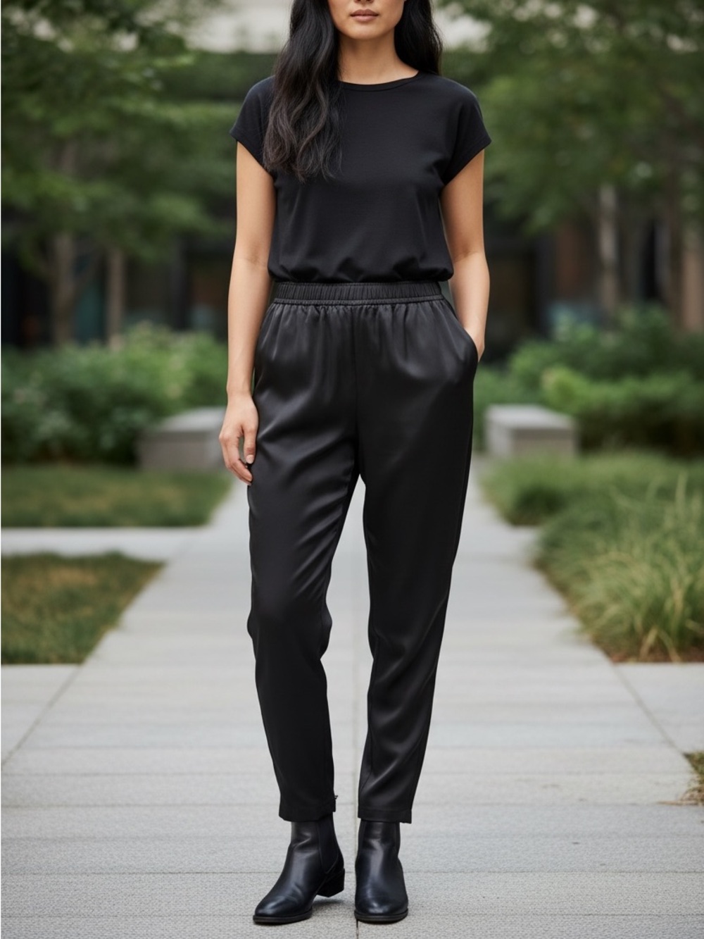 Nili Lotan Black Virgin Wool Pull On Tapered Pants Womens Medium high rise crop